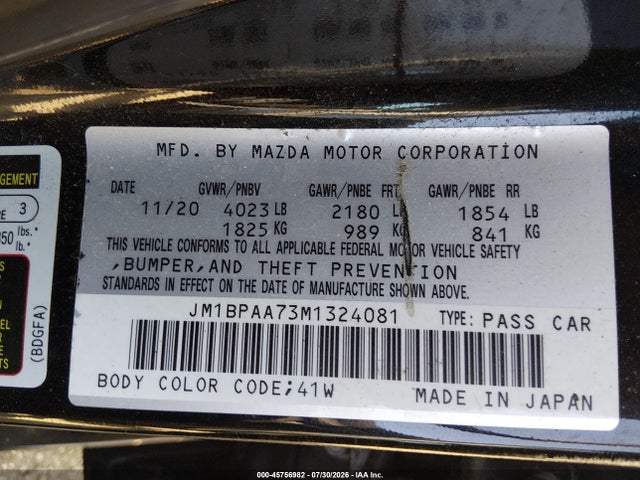 Aukcja sprzedaży 2021 Mazda Mazda3 2.0, vin: JM1BPAA73M1324081, numer aukcji: 45756982