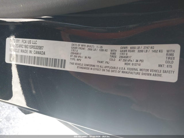 45756987 :رقم المزاد ، 2C4RC1BG1SR532087 vin ، 2025 Chrysler Pacifica Select مزاد بيع