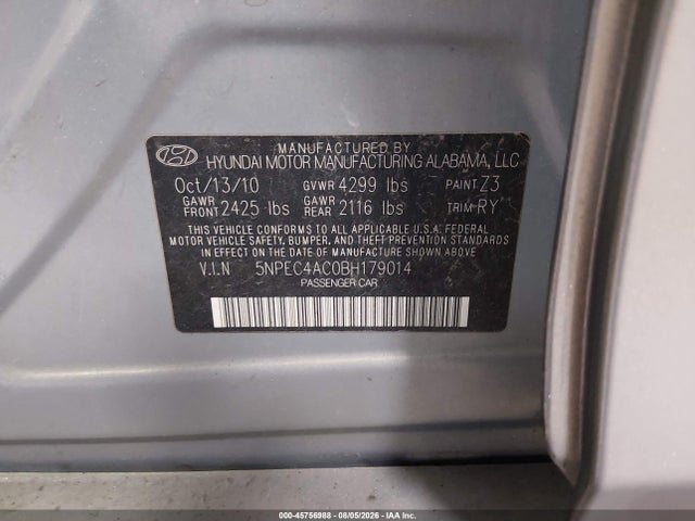Продажа на аукционе авто 2011 Hyundai Sonata Se, vin: 5NPEC4AC0BH179014, номер лота: 45756988