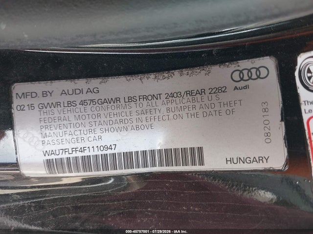 45757001 :رقم المزاد ، WAU7FLFF4F1110947 vin ، 2015 Audi A3 2.0t Premium مزاد بيع