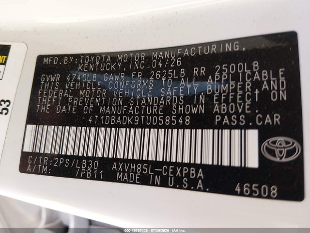 2026 Toyota Camry Xse მანქანა იყიდება აუქციონზე, vin: 4T1DBADK9TU058548, აუქციონის ნომერი: 45757006