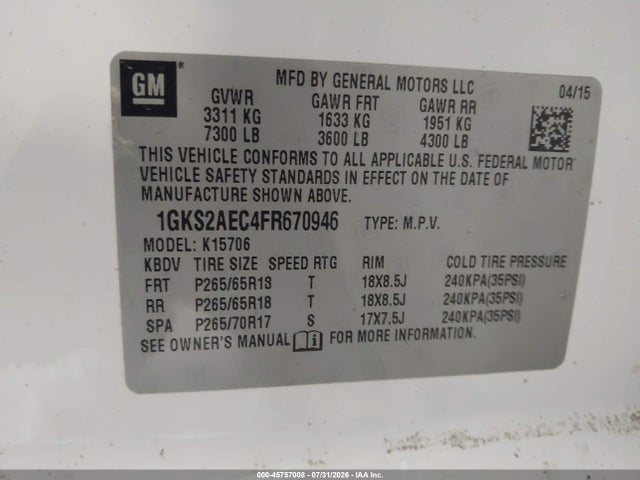 Aukcja sprzedaży 2015 Gmc Yukon Sle, vin: 1GKS2AEC4FR670946, numer aukcji: 45757008