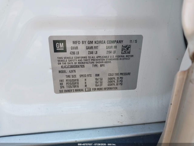 Aukcja sprzedaży 2016 Buick Encore Leather, vin: KL4CJCSB0GB567926, numer aukcji: 45757037