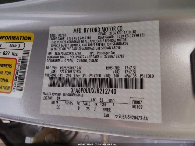 3FA6P0UUXJR212740 Ford Fusion Hybrid S