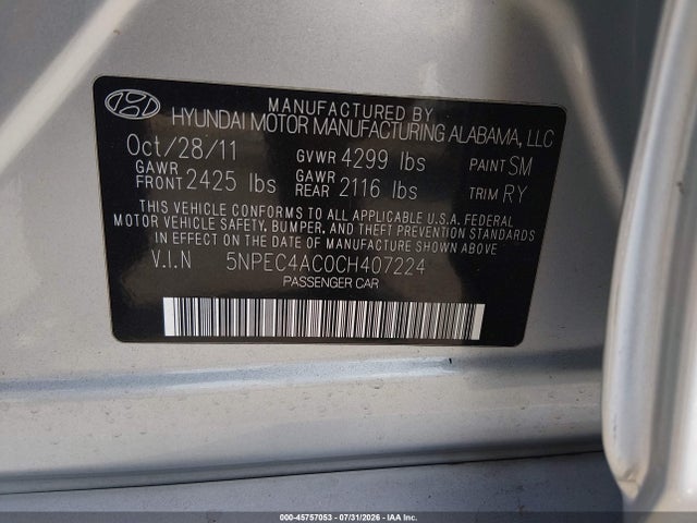 45757053 :رقم المزاد ، 5NPEC4AC0CH407224 vin ، 2012 Hyundai Sonata Limited مزاد بيع