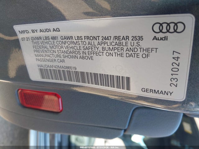 Продаж на аукціоні авто 2021 Audi A4 Premium 45 Tfsi S Line Quattro S Tronic, vin: WAUDAAF42MA086519, номер лоту: 45757059