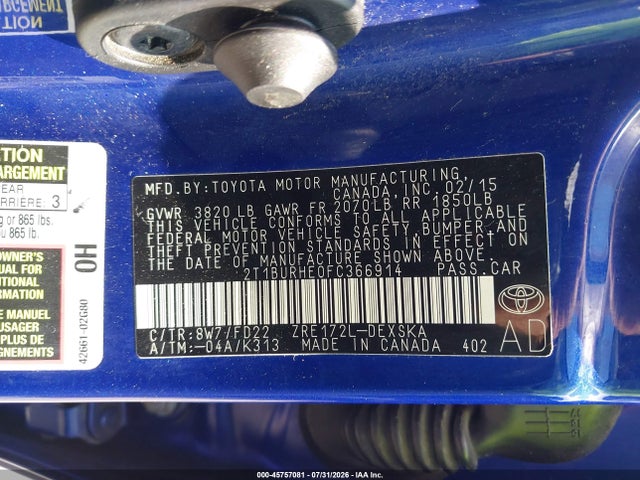45757081 :رقم المزاد ، 2T1BURHE0FC366914 vin ، 2015 Toyota Corolla S Plus مزاد بيع
