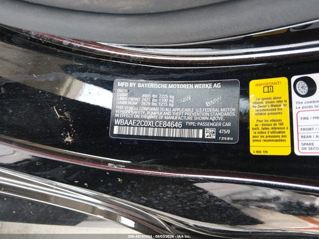 45757084 :رقم المزاد ، WBAAE2C0XLCE84646 vin ، 2020 Bmw 840i مزاد بيع