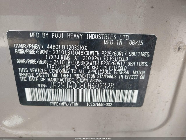 2016 Subaru Forester 2.5i Premium მანქანა იყიდება აუქციონზე, vin: JF2SJADC8GH402328, აუქციონის ნომერი: 45757098