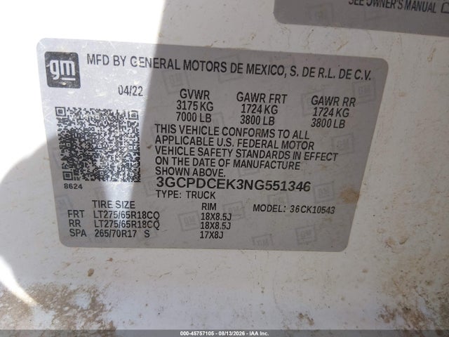 3GCPDCEK3NG551346 Chevrolet Silverado 1500 4wd Short Bed Custom Trail Boss