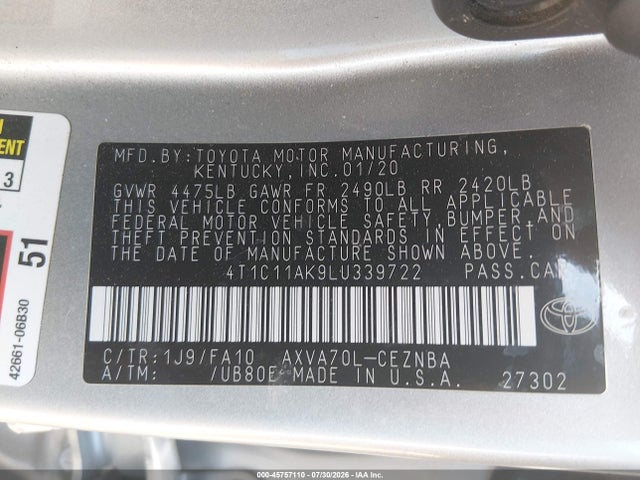 Toyota CAMRY LE 2020 4T1C11AK9LU339722 Image 9