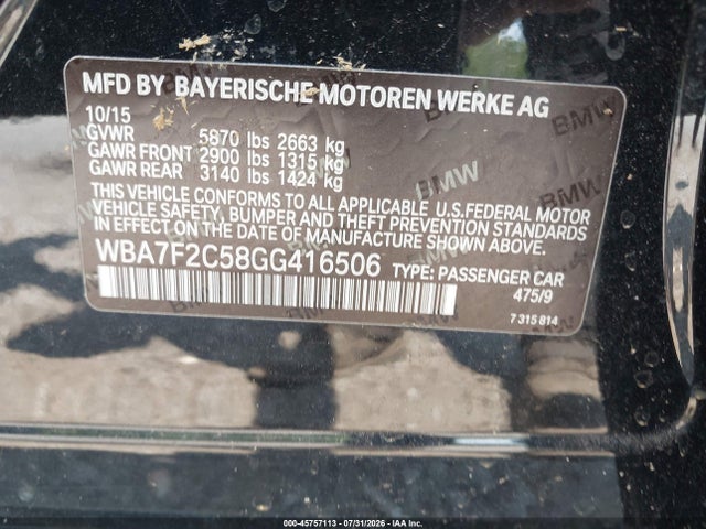 2016 Bmw 750i Xdrive მანქანა იყიდება აუქციონზე, vin: WBA7F2C58GG416506, აუქციონის ნომერი: 45757113
