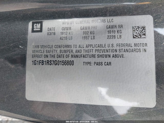 Продажа на аукционе авто 2016 Chevrolet Camaro 1lt, vin: 1G1FB1RS7G0156800, номер лота: 45757130