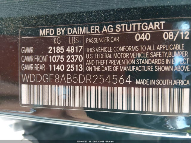 45757131 :رقم المزاد ، WDDGF8AB5DR254564 vin ، 2013 Mercedes-benz C 300 Luxury 4matic مزاد بيع