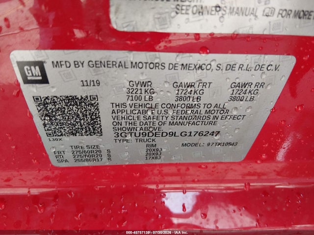45757139 :رقم المزاد ، 3GTU9DED9LG176247 vin ، 2020 Gmc Sierra 1500 4wd  Short Box Slt مزاد بيع