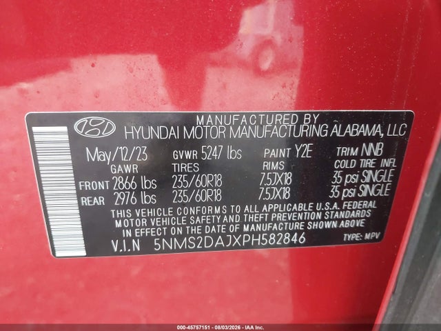 45757151 :رقم المزاد ، 5NMS2DAJXPH582846 vin ، 2023 Hyundai Santa Fe Sel مزاد بيع