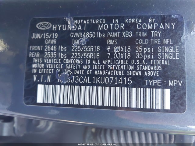 45757165 :رقم المزاد ، KM8J3CAL1KU071415 vin ، 2019 Hyundai Tucson Ultimate مزاد بيع