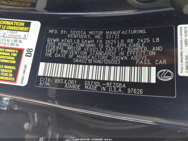 Продаж на аукціоні авто 2022 Lexus Es 350, vin: 58ADZ1B14NU126093, номер лоту: 45757169