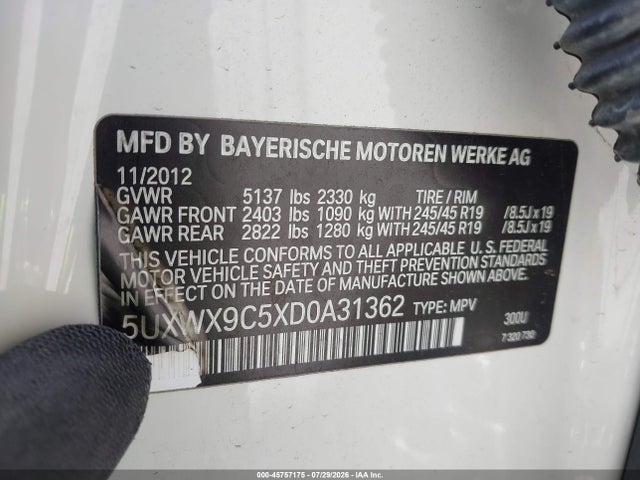 2013 Bmw X3 Xdrive28i მანქანა იყიდება აუქციონზე, vin: 5UXWX9C5XD0A31362, აუქციონის ნომერი: 45757175