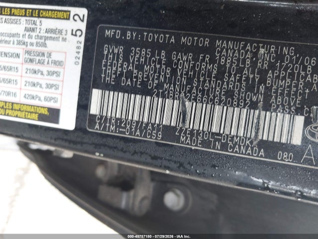 45757180 :رقم المزاد ، 2T1BR32E66C620892 vin ، 2006 Toyota Corolla Ce مزاد بيع