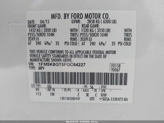 45757186 :رقم المزاد ، 1FM5K8GT5FGC64227 vin ، 2015 Ford Explorer Sport مزاد بيع