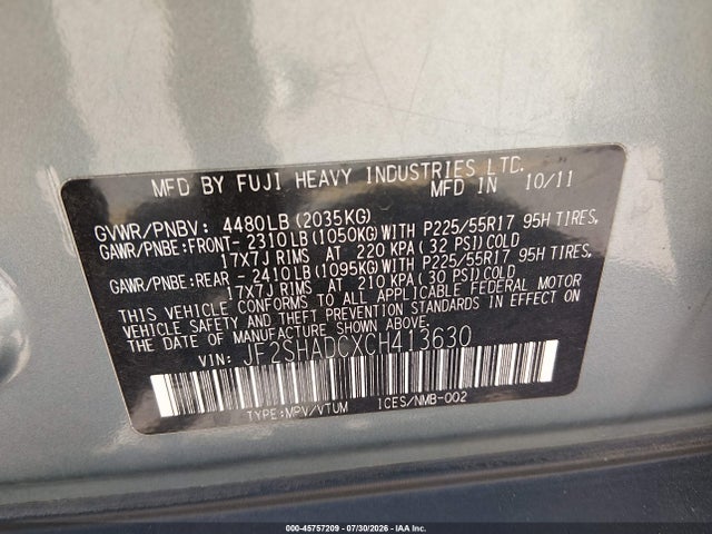 45757209 :رقم المزاد ، JF2SHADCXCH413630 vin ، 2012 Subaru Forester 2.5x Premium مزاد بيع
