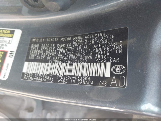 Продаж на аукціоні авто 2016 Toyota Corolla S Plus, vin: 2T1BURHE4GC621629, номер лоту: 45757212