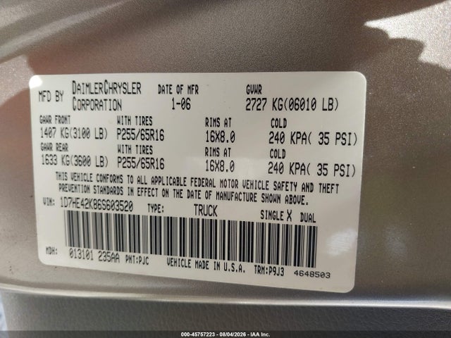 Aukcja sprzedaży 2006 Dodge Dakota Slt, vin: 1D7HE42K86S603520, numer aukcji: 45757223