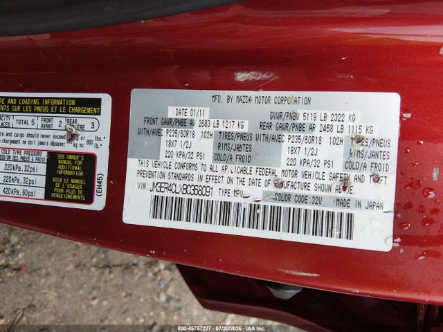 45757227 :رقم المزاد ، JM3ER4CLXB0368091 vin ، 2011 Mazda Cx-7 S Touring مزاد بيع