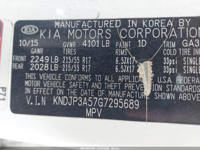 45757242 :رقم المزاد ، KNDJP3A57G7295689 vin ، 2016 Kia Soul + مزاد بيع