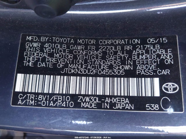JTDKN3DU2F0455305 Toyota Prius Two