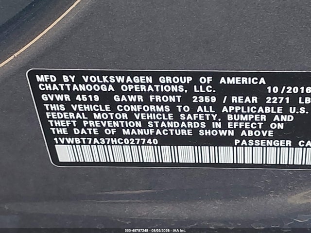 2017 Volkswagen Passat 1.8t Se მანქანა იყიდება აუქციონზე, vin: 1VWBT7A37HC027740, აუქციონის ნომერი: 45757248