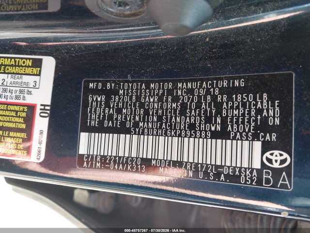 Продажа на аукционе авто 2019 Toyota Corolla Se, vin: 5YFBURHE6KP895889, номер лота: 45757267