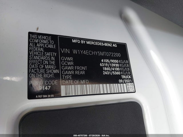 45757280 :رقم المزاد ، W1Y4ECHY5MT072200 vin ، 2021 Mercedes-benz Sprinter 2500 High Roof V6 مزاد بيع