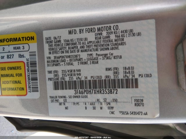 Ford FUSION SE 2017 3FA6P0H7XHR353872 Image 9