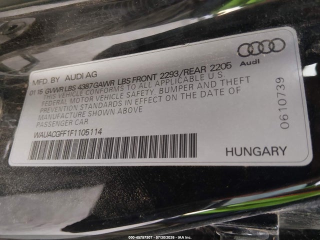 45757307 :رقم المزاد ، WAUACGFF1F1105114 vin ، 2015 Audi A3 1.8t Premium مزاد بيع