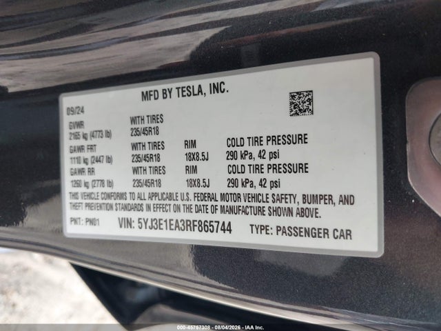Продаж на аукціоні авто 2024 Tesla Model 3 Long Range Dual Motor All-wheel Drive/rear-wheel Drive, vin: 5YJ3E1EA3RF865744, номер лоту: 45757308