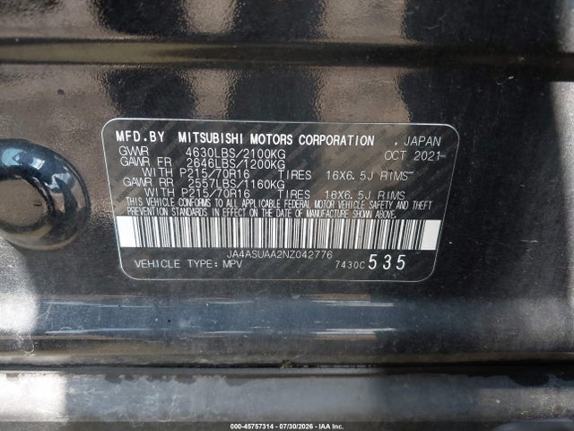 2022 Mitsubishi Eclipse Cross Es მანქანა იყიდება აუქციონზე, vin: JA4ASUAA2NZ042776, აუქციონის ნომერი: 45757314
