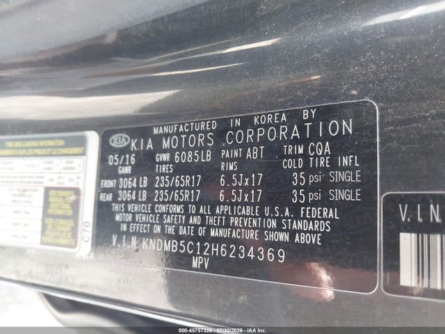 45757328 :رقم المزاد ، KNDMB5C12H6234369 vin ، 2017 Kia Sedona Lx مزاد بيع