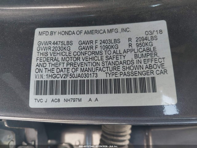 1HGCV2F50JA030173 Honda Accord Ex-l 2.0t