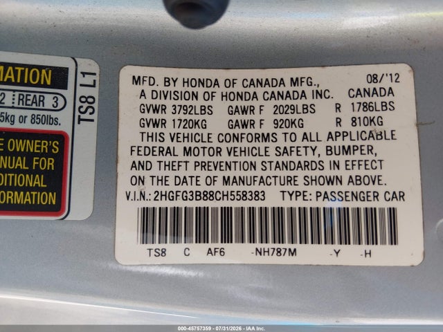 2012 Honda Civic Ex მანქანა იყიდება აუქციონზე, vin: 2HGFG3B88CH558383, აუქციონის ნომერი: 45757359