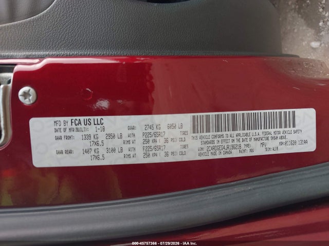 Продаж на аукціоні авто 2018 Dodge Grand Caravan Gt, vin: 2C4RDGEG4JR196218, номер лоту: 45757366