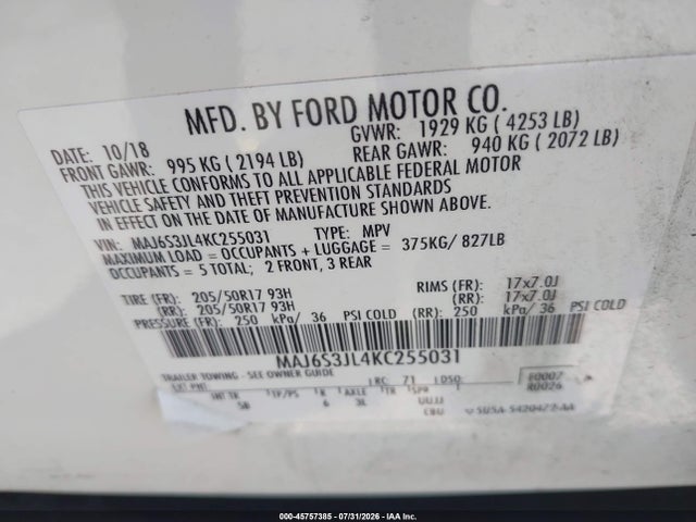 45757385 :رقم المزاد ، MAJ6S3JL4KC255031 vin ، 2019 Ford Ecosport Ses مزاد بيع
