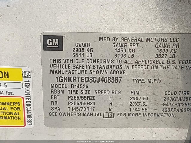 Продаж на аукціоні авто 2012 Gmc Acadia Denali, vin: 1GKKRTED8CJ408387, номер лоту: 45757410