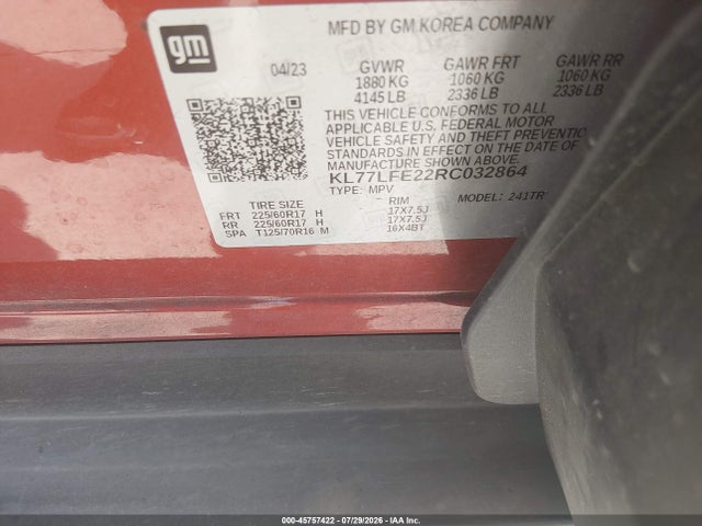 Aukcja sprzedaży 2024 Chevrolet Trax Fwd Sp, vin: KL77LFE22RC032864, numer aukcji: 45757422