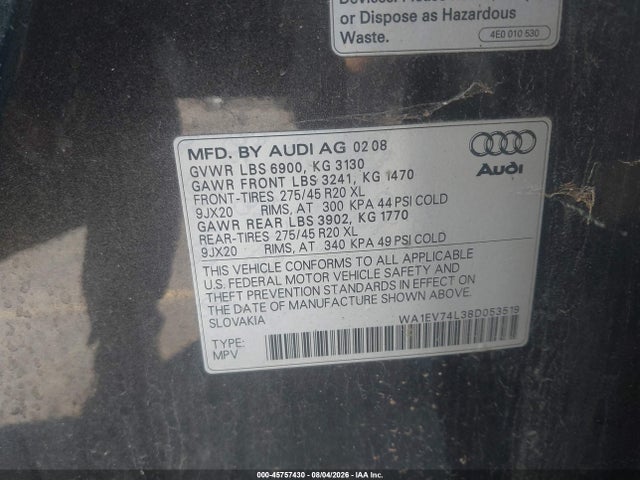 2008 Audi Q7 4.2 Premium მანქანა იყიდება აუქციონზე, vin: WA1EV74L38D053519, აუქციონის ნომერი: 45757430