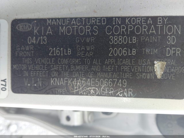 2014 Kia Forte Lx მანქანა იყიდება აუქციონზე, vin: KNAFK4A64E5066749, აუქციონის ნომერი: 45757440