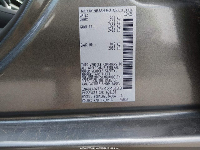 Aukcja sprzedaży 2025 Nissan Altima Sv Fwd, vin: 1N4BL4DV7SN424333, numer aukcji: 45757441