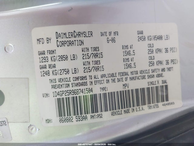2006 Dodge Caravan Se მანქანა იყიდება აუქციონზე, vin: 1D4GP25R96B741504, აუქციონის ნომერი: 45757447