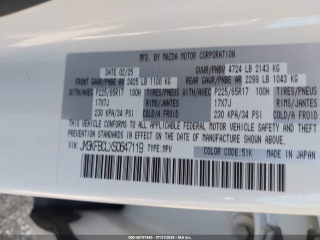 Aukcja sprzedaży 2025 Mazda Cx-5 2.5 S Preferred, vin: JM3KFBCLXS0647119, numer aukcji: 45757450